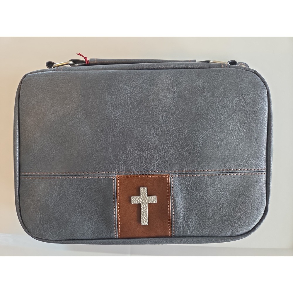 Bible Cover Gray Brown Faux Leather 2 Zippers Note Pad Pockets Pen